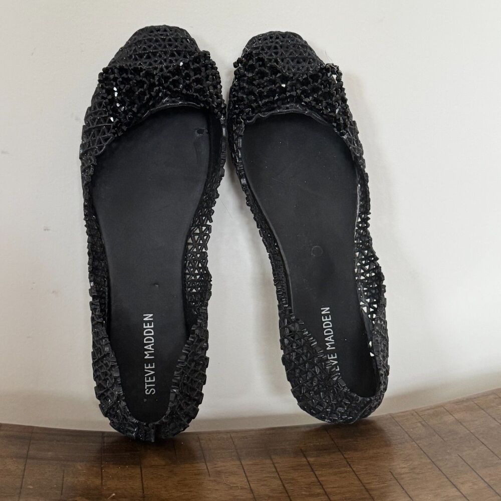 Steve Madden Womens Size 8 Black Silver Sparkle Zig Zag Sheer Jelly Ballet Flats